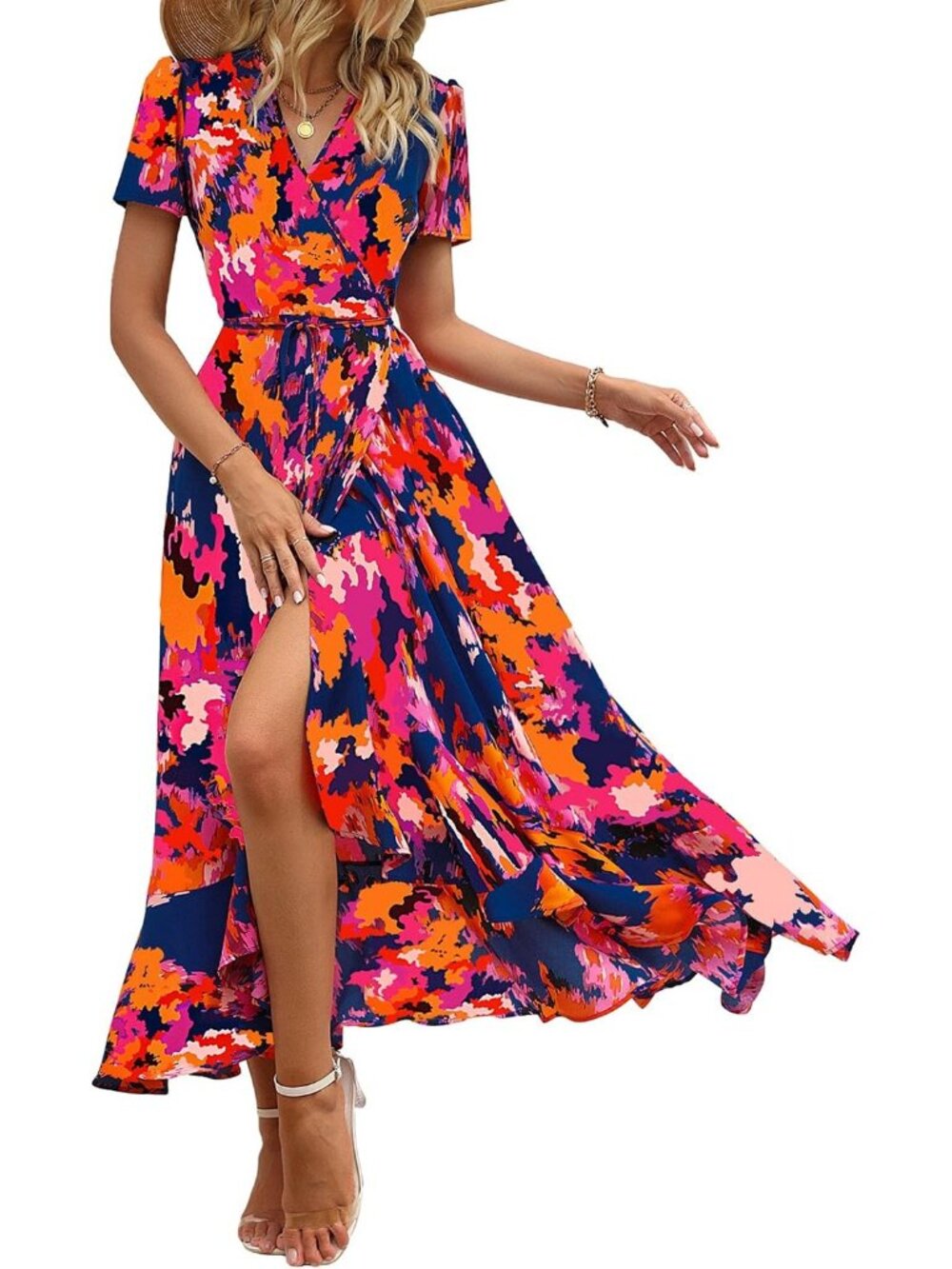 Women's Blue Orange Floral V Neck Casual Short Sleeve Pull On Zipper Maxi Dress